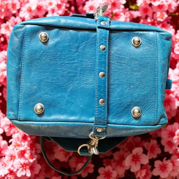 Vtg Francesco Biasia Teal Leather Hand Bag Purse Flap Lock Silver Hardware Italy - Picture 7 of 15